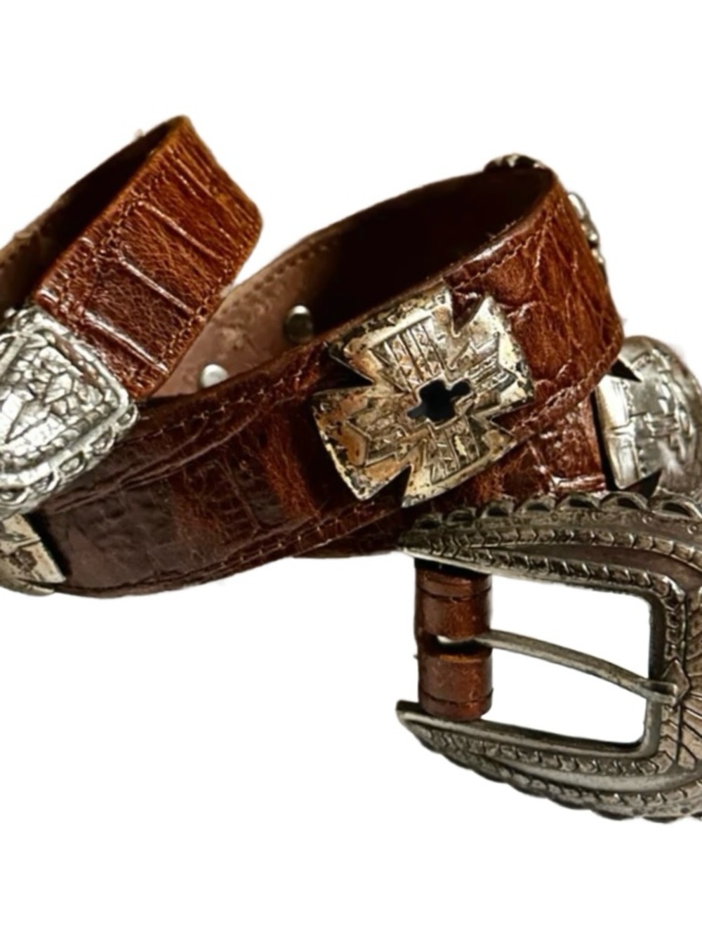 Navasota ~ Women’s Medium ~ Brown Leather Belt W/ 6 Cross Shape Conchos Belt